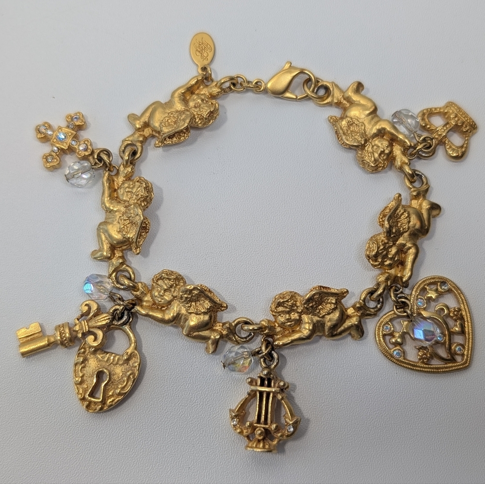 **RARE** Kirks Folly Cherub Panel Link Gold Vintage Collectable Charm Bracelet